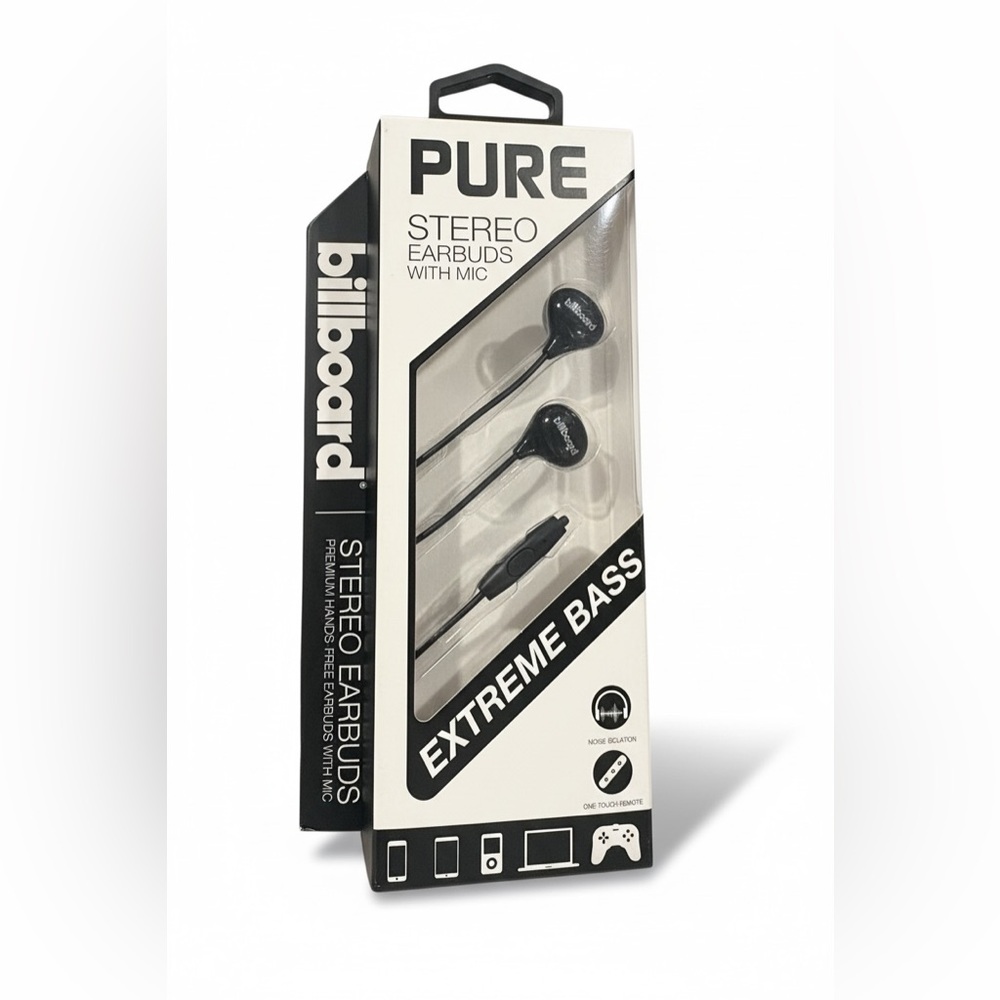 Billboard Pure Stereo Earbuds with Mic Extreme Bass 3.5mm Black (NEW)